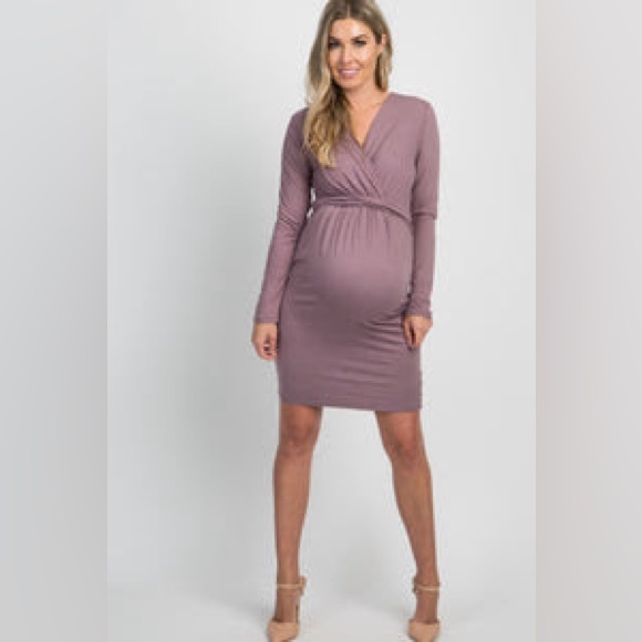 PinkBlush Dusty Mauve Draped Front Long Sleeve Maternity/Nursing Dress Small - Picture 2 of 6
